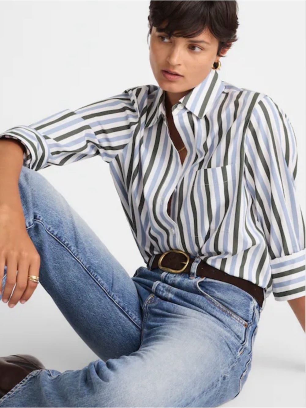 Madewell Striped Button-Down Shirt in White, Blue & Green